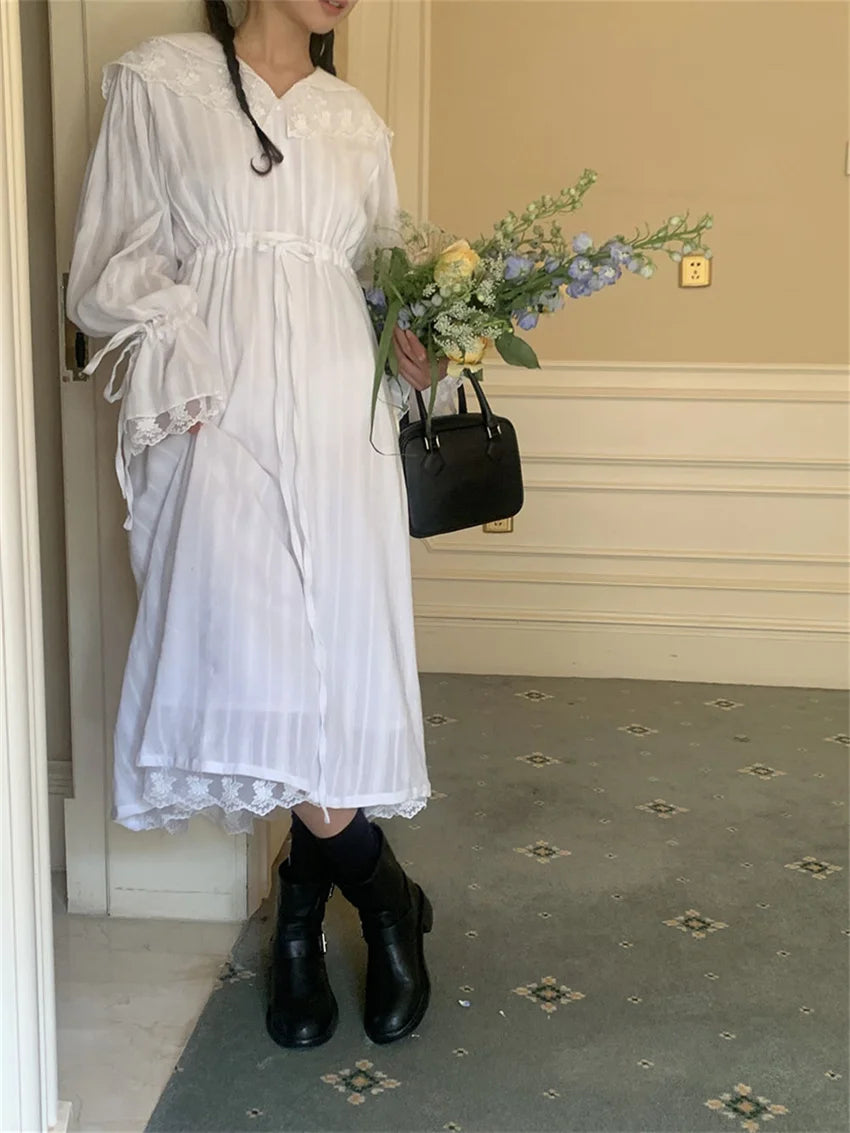 White Flare Sleeve Long Dress Lace Sweet Vneck Slim Cotton New Spring Office Lady Florals Gentle