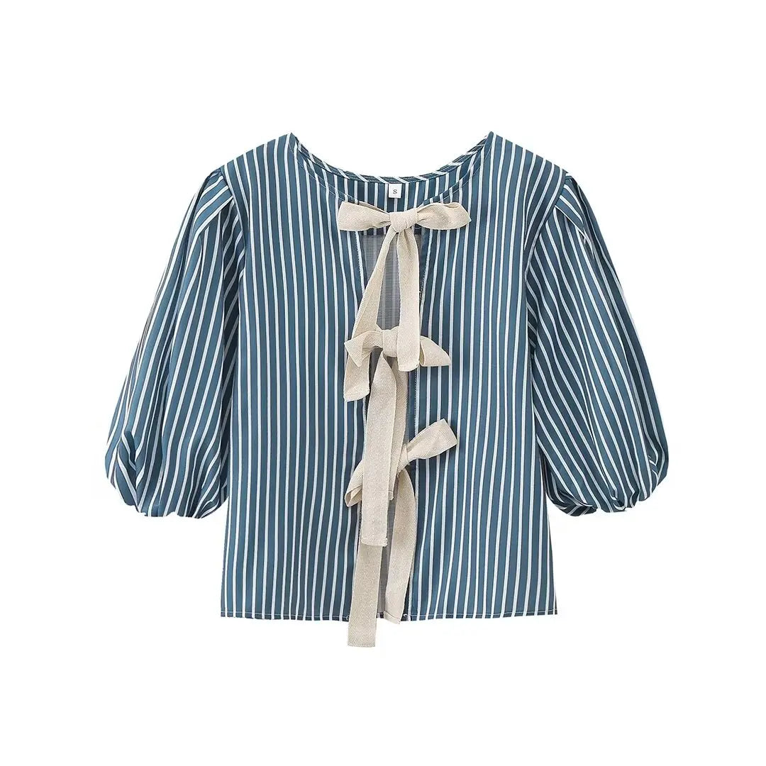 Summer Stripes Shirts for Woman Round Neck Short Sleeves Bow Laceup Tops Female Blouses