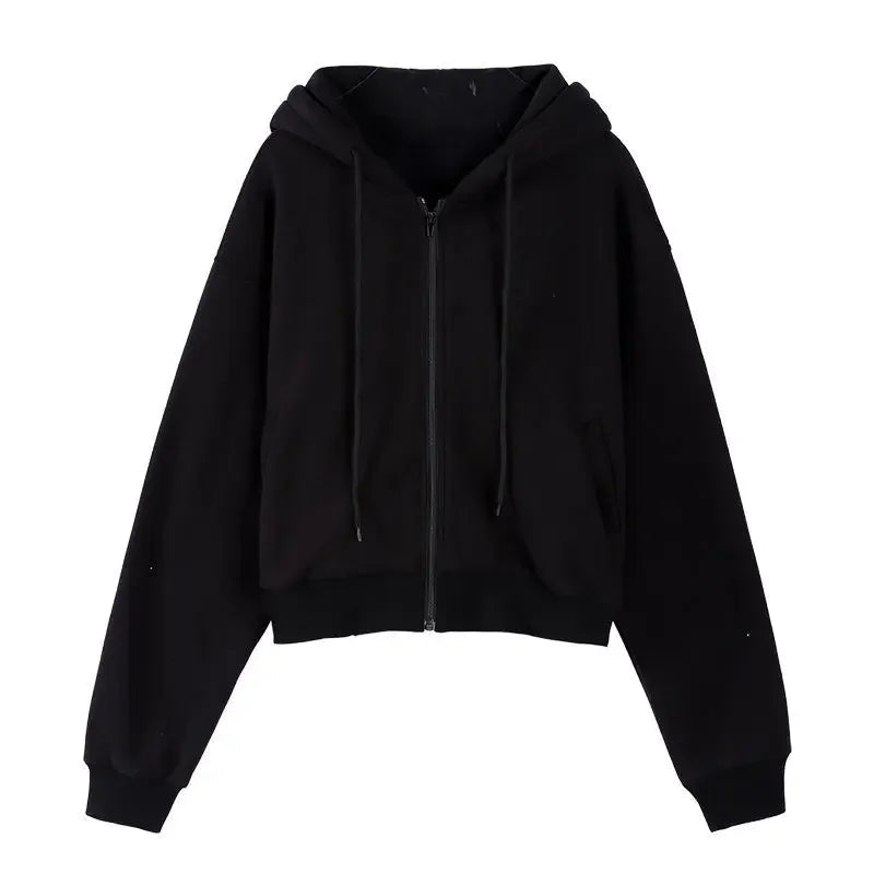 Autumn Spring Zip Up Hoodies Pockets Slim Crop Top Jacket Female Clothes Drawstring White Hoody Cotton Coats