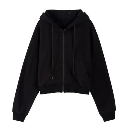 Autumn Spring Zip Up Hoodies Pockets Slim Crop Top Jacket Female Clothes Drawstring White Hoody Cotton Coats