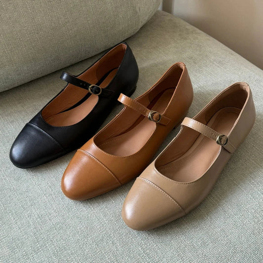Genuine Leather Round Toe Slipon Mary Jane Flats Soft Comfortable Female Daily Footwear Shoes for Woman New