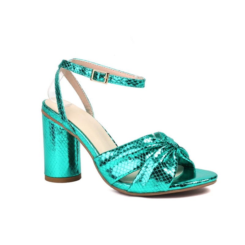 Gold Silver Green Gladiator Sandals Summer Round High Heel Ankle Strap American Style Allmatch Shoes Big Size 50