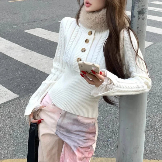 Spring New Korean Lace Splicing Multibutton Color Long Sleeve Sweater + Warm Plush Scarf Twopiece Suit