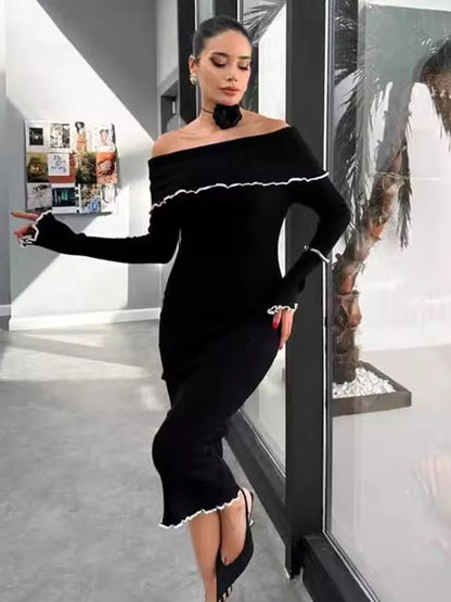 Fall Winter One-shoulder Long Knit Dress Slim Fungus Splice Contrast Color Sweater Female Club Party Dresses