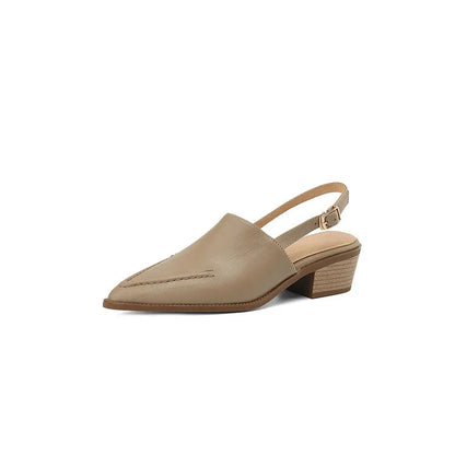 New Summer Sandals Genuine Leather Shoes for Pointed Toe Chunky Heel Shoes Simple Cover Toe Slingback Buckle Sandals