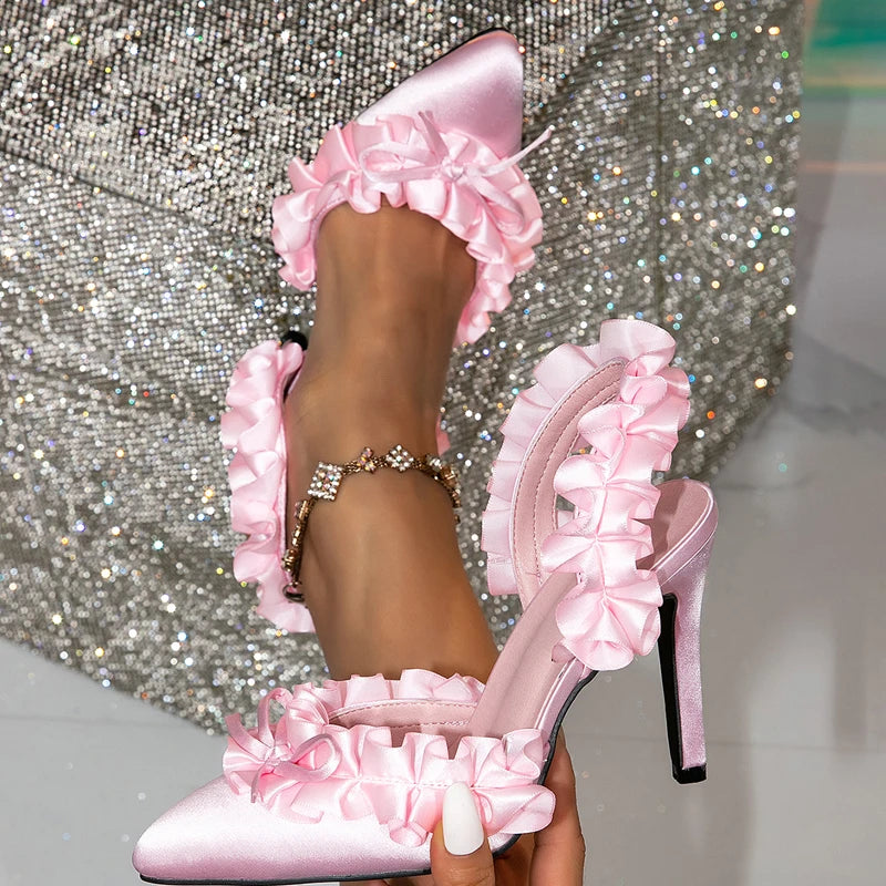 Street Style Butterflyknot Pointed Toe Pumps Sandals Stiletto High Heels Banquet Prom Mule Shoes