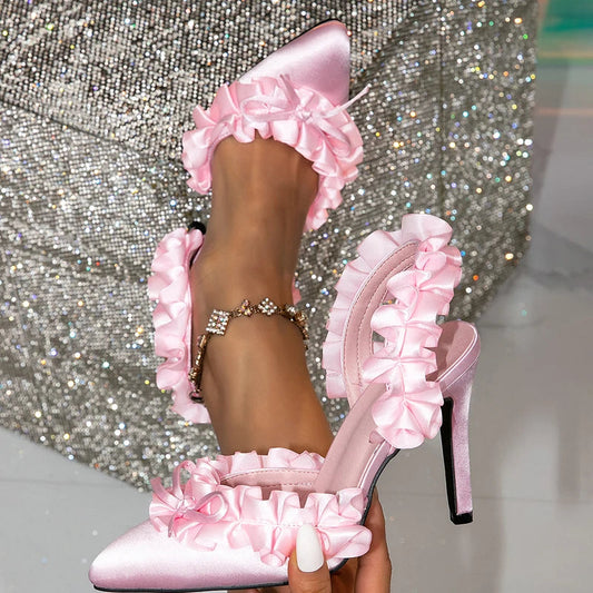 Street Style Butterflyknot Pointed Toe Pumps Sandals Stiletto High Heels Banquet Prom Mule Shoes