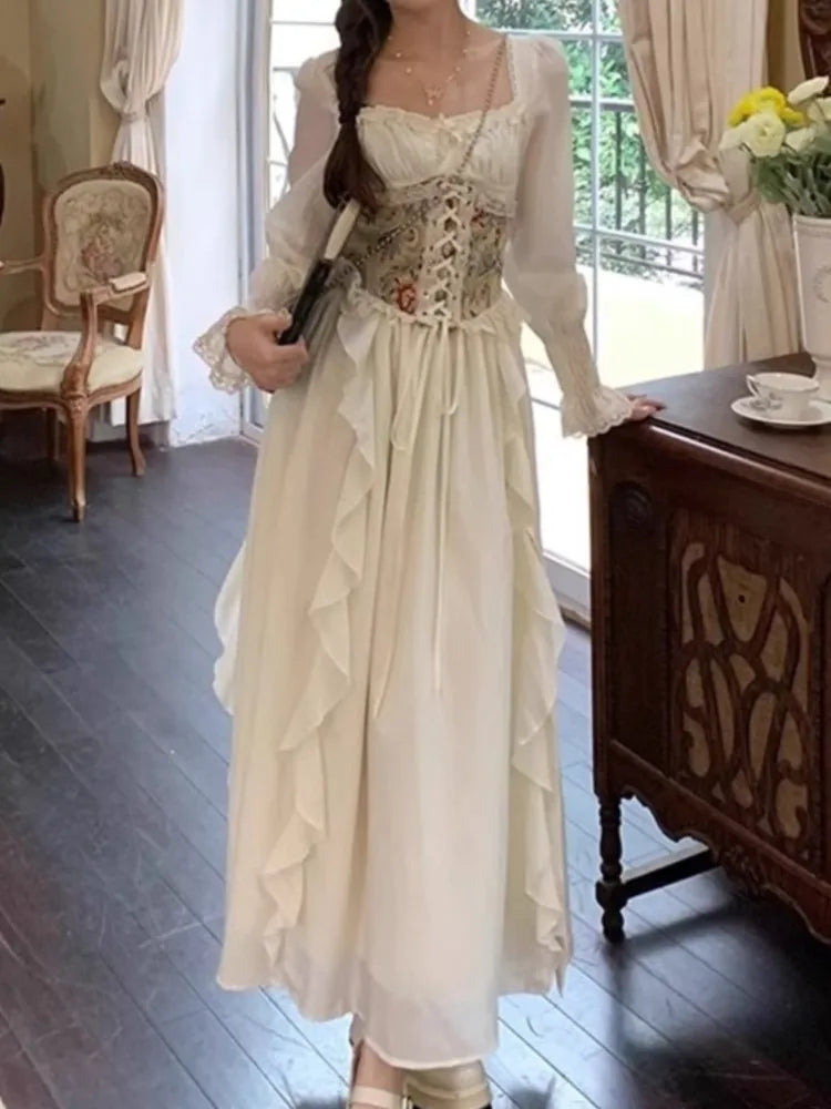 Midi Dresses for With Wide Corset Belt Ruffles French Party Dress Birthday Prom Robe Vestido