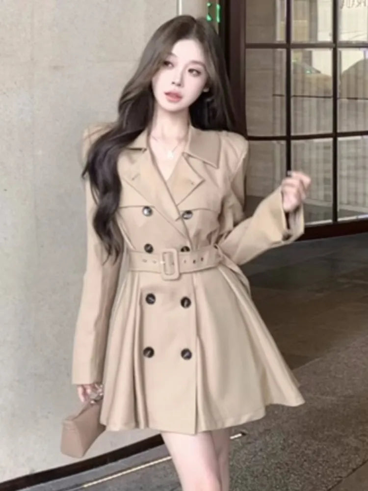 Autumn New Korean Trench Coat Dresses for With Belt Turn-down Collar Double Breasted Female Clothing
