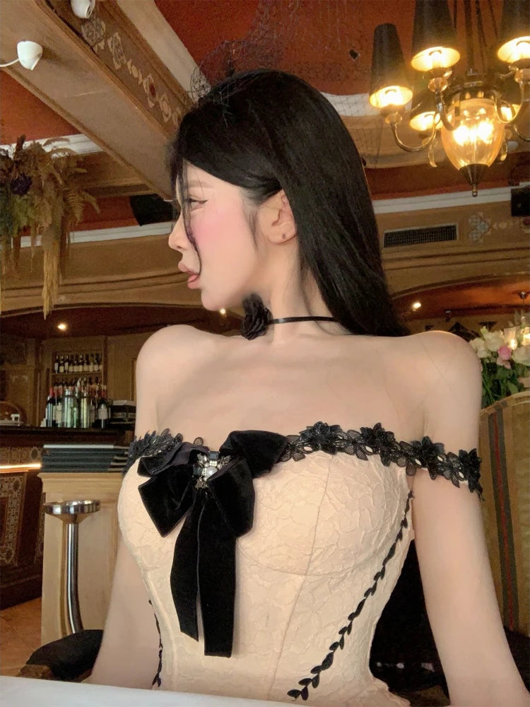 Mini Dress Woman Slash Neck Lace Patchwork Sleeveless Slim Backless Bow Party Dresses