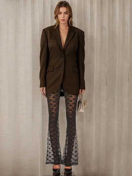 Long Micro Flare Y2k Pants Slim Fit Mesh Patchwork Pants High-waisted High-stretch