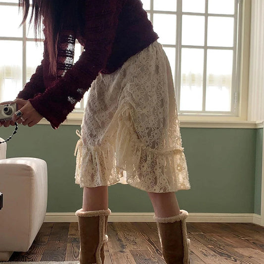 Low Waist Drawstring Pleated Kneelength Skirt Spring New Korean Hollow Color Lace Aline Skirt