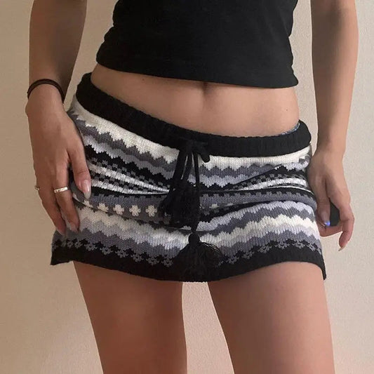 American Style Knitted Skirt Contrasting Color Laceup Striped Printed Hip Skirt Slim Fit Wool Knit Hot Girl Skirt