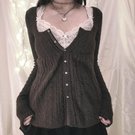 Coquette Grunge Y2k 00s Sweater Single Breasted Long Sleeve Cardigan 00s Aesthetic Kawaii Knitwear T-shirt Clothes