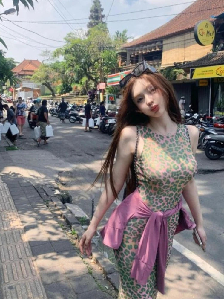 Y2k American Slim Party Dress Office Lady Causal Leopard Print Dress Summer Korean Midi Dress