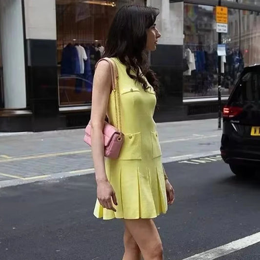 Folds Knitted Mini Dress for Sleeveless With Pocket Vest Dress High Waisted Clubs Party Summer