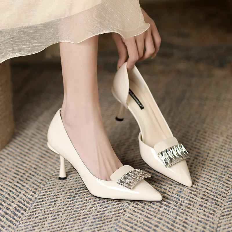 Female Sandal Slipon Loafers Summer Spring Shoes Strappy Heels Shallow Mouth Pointed Elastic Band Stiletto Fashi