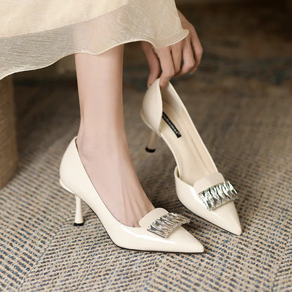 Female Sandal Slipon Loafers Summer Spring Shoes Strappy Heels Shallow Mouth Pointed Elastic Band Stiletto Fashi