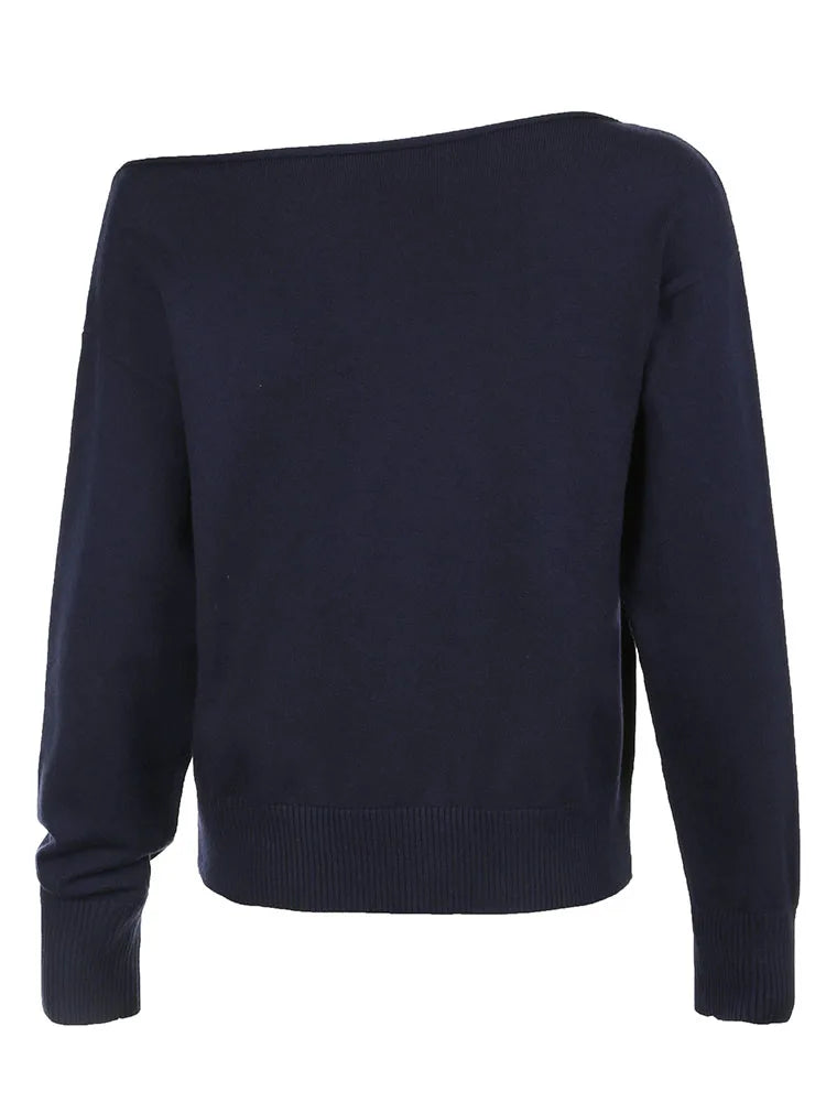 Dark Blue Minimalist Style Autumn Winter Sweaters White Simple Basic Loose Knitted Pullover Jumpers