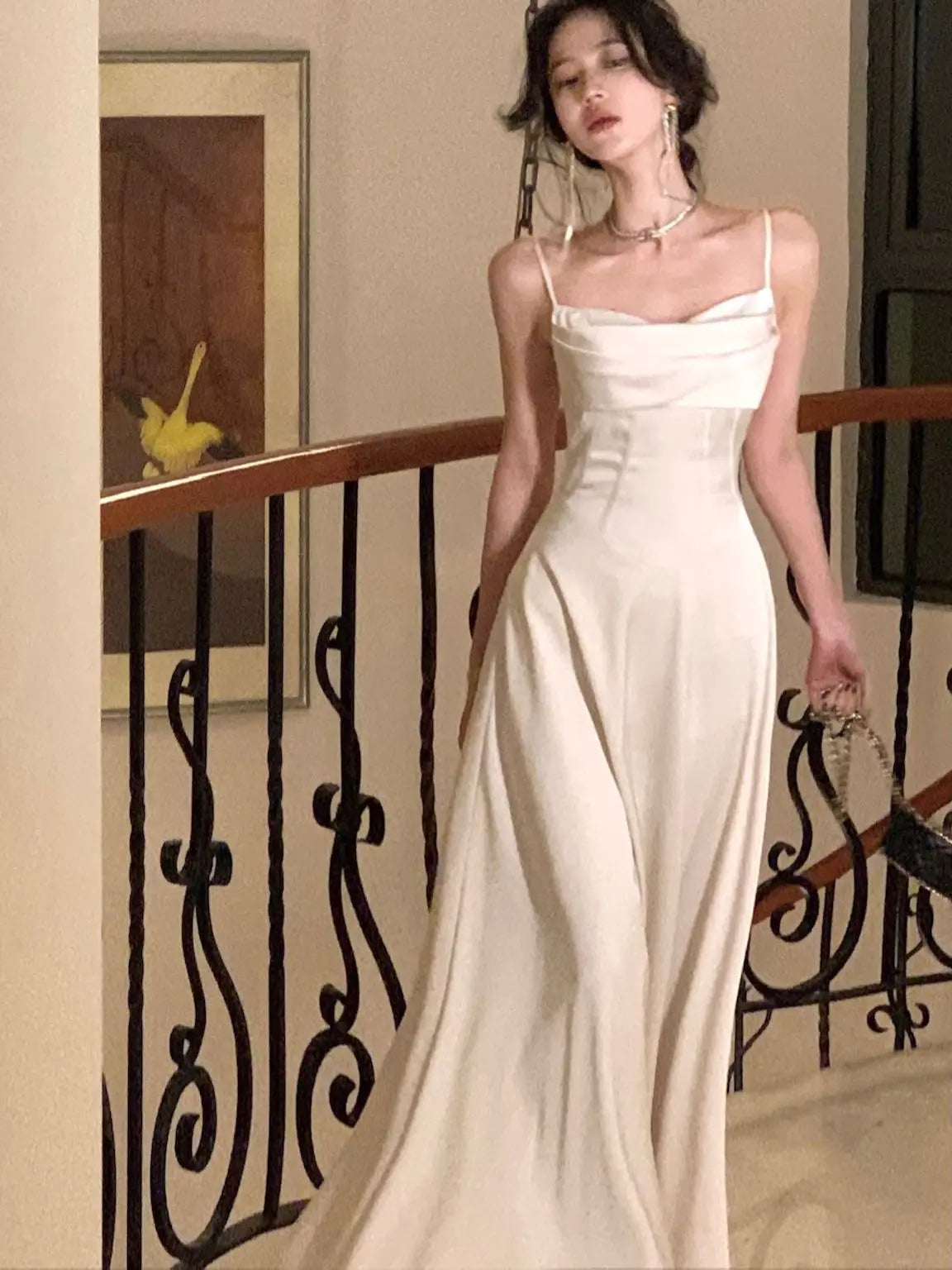 Midi Dress Sleeveless Vneck Spaghetti Strap Camisole Aline French Evening Party Prom Robe Vestidos