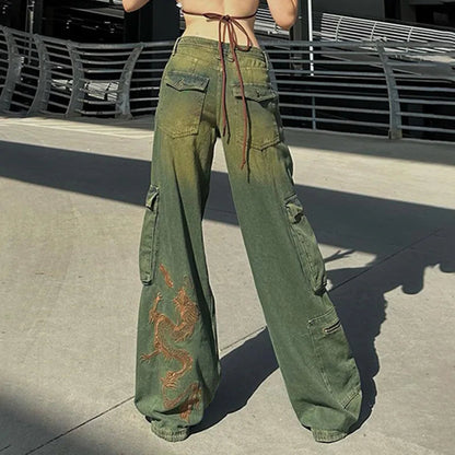 Grunge Fairycore Cargo Pants Denim Y2k Aesthetic Dragon Embroidery Jeans Baggy Distressed Trousers