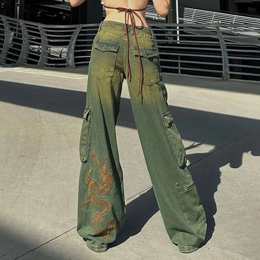 Grunge Fairycore Cargo Pants Denim Y2k Aesthetic Dragon Embroidery Jeans Baggy Distressed Trousers