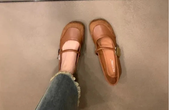 Designer New Leather Shallow Soft Sole Mary Jane Shoes Summer French Metal Buckle Flat Shoes