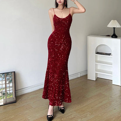 Sequined Velvet Mermaid Long Dress Party Evening Clubwear Korean Style Vneck Sleeveless Maxi Dresses New
