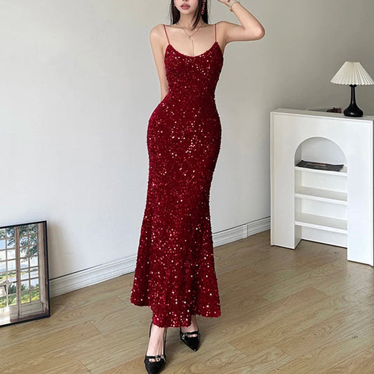 Sequined Velvet Mermaid Long Dress Party Evening Clubwear Korean Style Vneck Sleeveless Maxi Dresses New