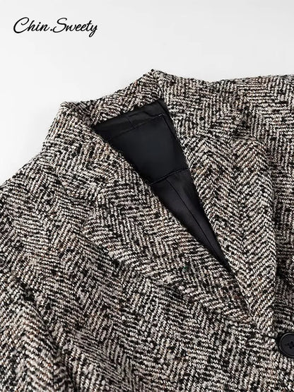 Winter With Belt Blazer Coat Loose Lapel Tweed Wool Blends Warm Jacket Temperament Commuting Lady Outwear