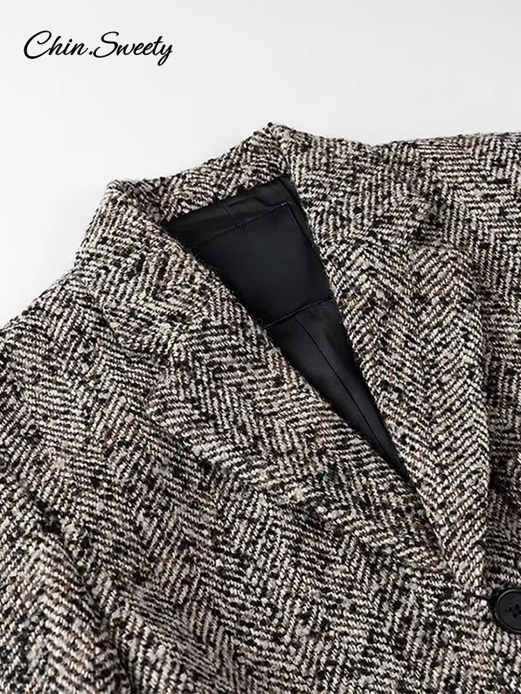 Winter With Belt Blazer Coat Loose Lapel Tweed Wool Blends Warm Jacket Temperament Commuting Lady Outwear