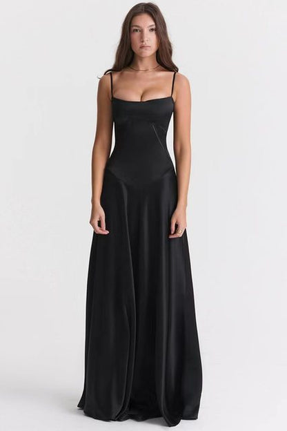 Lace-up Satin Maxi Slipdress Black Spaghetti Strap Sleeveless Backless Maxi Dress Femme Club Party Evening Dress