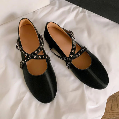 Spring Summer New Flats Genuine Leather Ballet Flats Round Toe Buckle Strap Comfortable Shoes Woman Concise