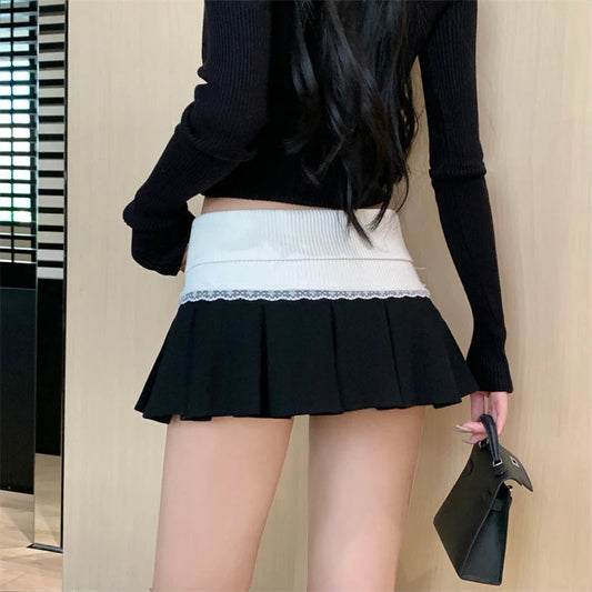 Y2k 2000s Mini Skirt Korean Knitted Lace Patchwork Black Pleated Skirts Preppy Aesthetic High Waist a Line Skirt