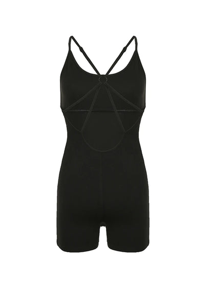 Cross Backless Skinny Black Slip Rompers Playsuit Rave Sports Outfits Summer Vacation Clothing