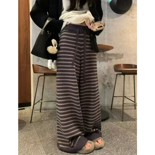 Laceup Loose Knitted Pants Spring New Korean High Waist Contrast Color Striped Wide Leg Pants
