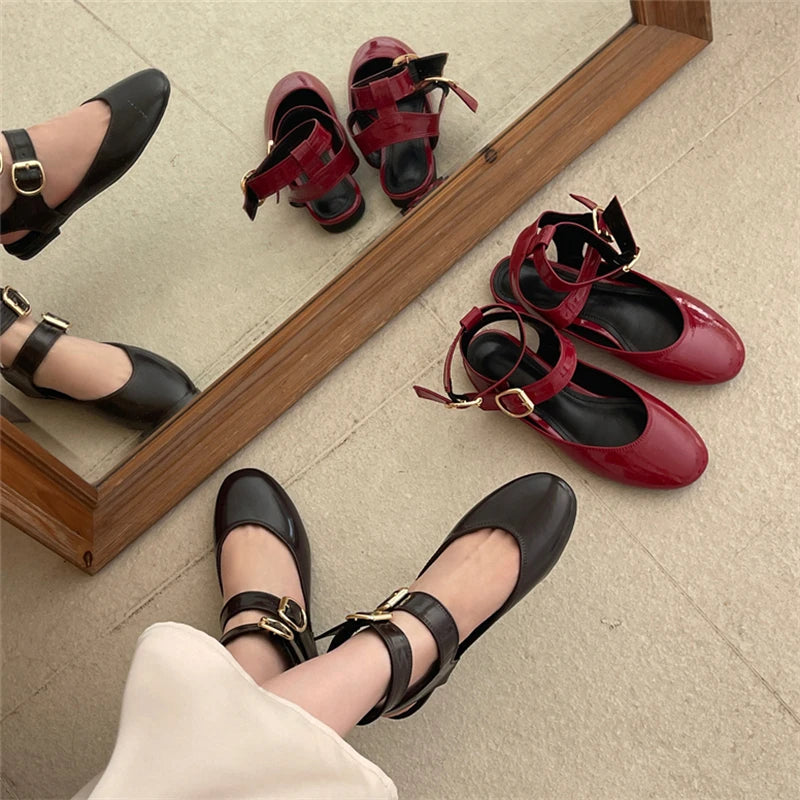 New Design Narrow Band Buckle Strap Flats Shoes Round Toe Party Dress Shoes Big Size 43