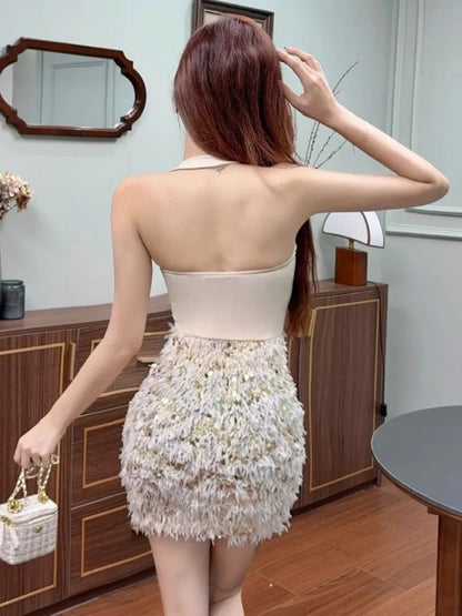 Mini Dress Woman Bow Patchwork Sequins Sleeveless Patchwork Slim Party Dress Backless Clubwear