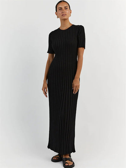 Ribbed Short Sleeve Maxi Dress Knitwear Lace-up High Waist Patchwork Dress Autumn Female Knit Dress New