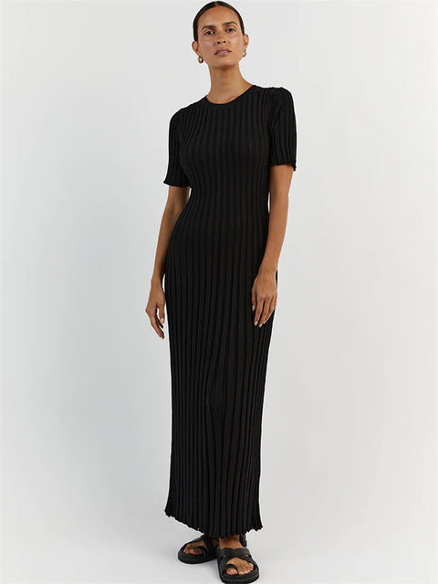 Ribbed Short Sleeve Maxi Dress Knitwear Lace-up High Waist Patchwork Dress Autumn Female Knit Dress New