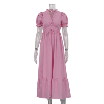 Leisure V-neck Lace Up White Maxi Dress for Color High Waisted Short Sleeves Ruched Patchwork Girdle Dress