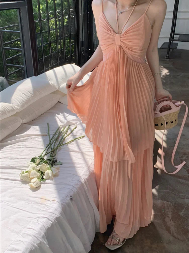 Pleated Maxi Dress for Spaghetti Strap Halter Vacation Robe Style Summer Birthday Dresses Clothes