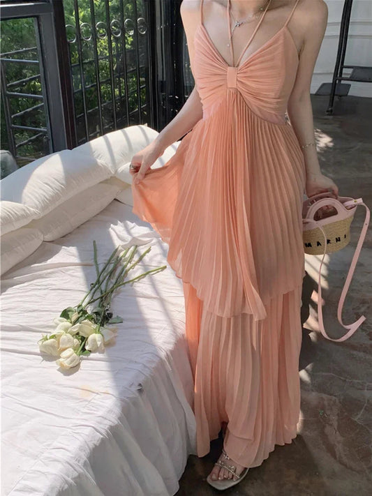 Pleated Maxi Dress for Spaghetti Strap Halter Vacation Robe Style Summer Birthday Dresses Clothes