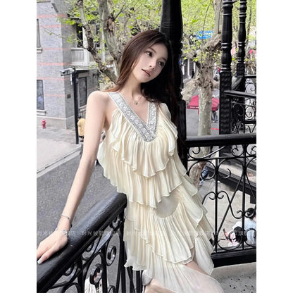 Spicy Girl Vcollar Ruffle Edge Sleeveless Halter Dress for Summer French Beach Style Loose Sweet Aline Midi Dress