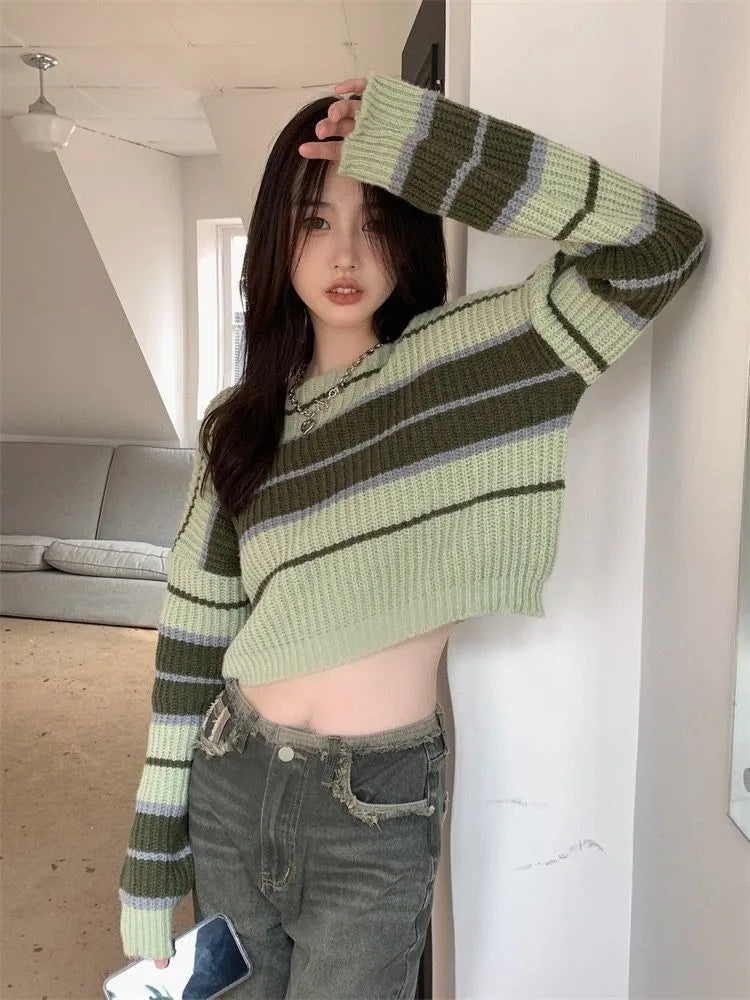 Striped Sweaters Autumn New Loose Knitted Pullover Y2k Grunge Long Sleeve Bottoming Tops