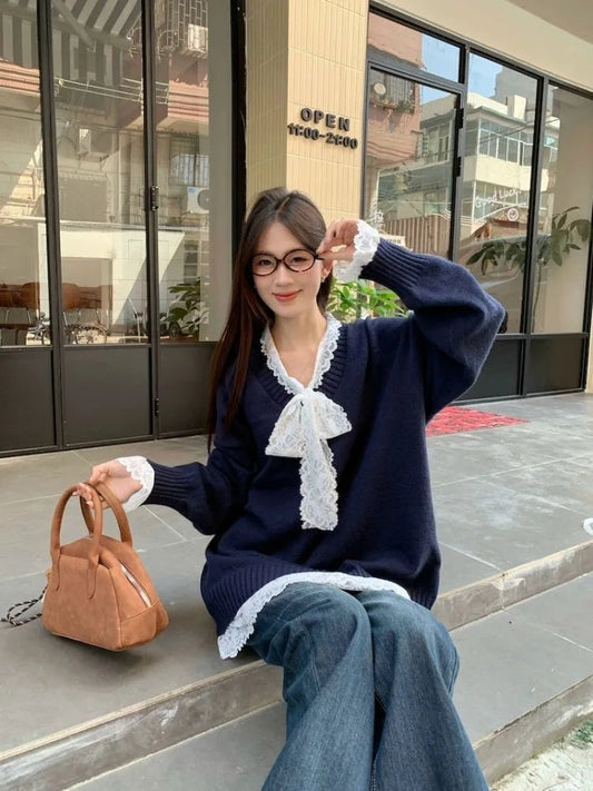 Knitted Sweater Lace Patchwork Bow V Neck Autumn Winter Pullover Long Sleeve Loose Stretch Female Jumper