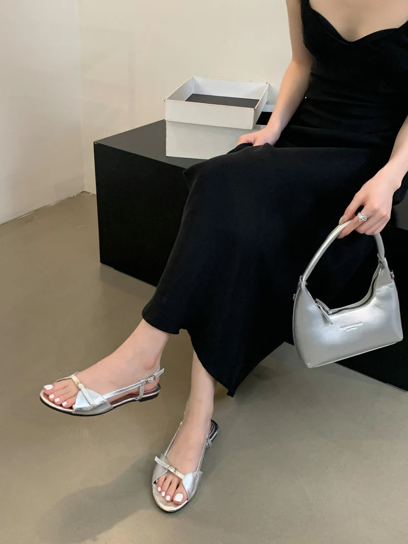 Silver Sandals Flats Brown Belt Buckle Shoes Summer Flats Sandal Comforts Sandalias De Mujer