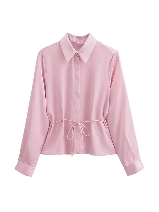 Spring Pink Turndown Collar Blouse for Woman Long Sleeves Laceup Female Single Breasted Shirt Top