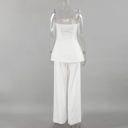 White Simple Wide Leg Pants Sets Summer New Off Shoulder Sleeveless Tube Tops Pants 2 Piece Set