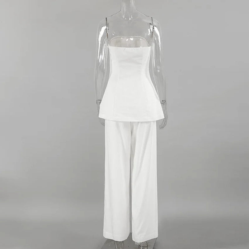 White Simple Wide Leg Pants Sets Summer New Off Shoulder Sleeveless Tube Tops Pants 2 Piece Set